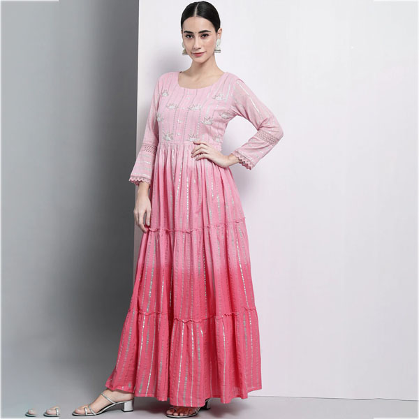 Peach Sleeveless Crepe Low High Anarkali Kurta With Printed Yoke