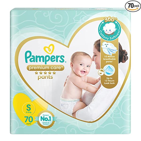 Pampers Premium Care Pants for Babies, Small size baby Diapers, (S) 70 Count Softest ever