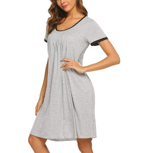 Women's Nightgown Short Sleeve Sleepwear Comfy Sleepshirts Pleated Scoopneck Nightshirt